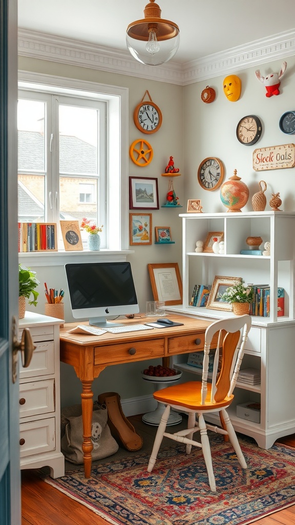 Cozy cottage style home office with whimsical decorative objects and warm colors.