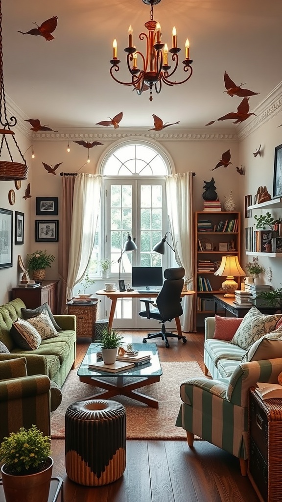 A cozy living room with green sofas and striped chairs, featuring butterfly decorations on the ceiling and a warm chandelier.