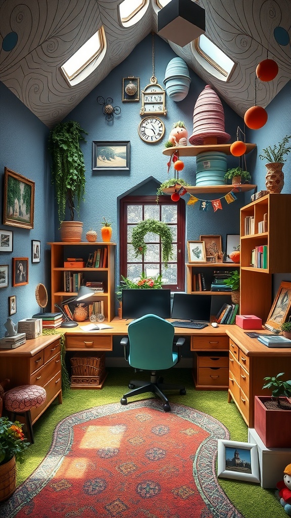 A whimsical home office with colorful decor, plants, and a cozy desk setup.