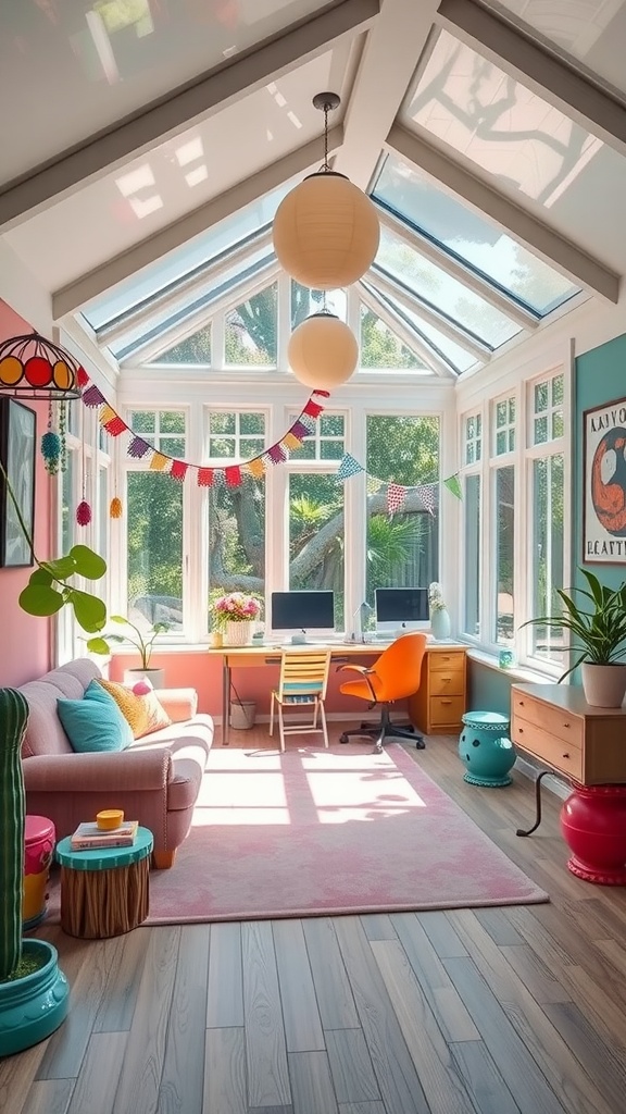 Bright and colorful whimsical sunroom with large windows, a cozy sofa, and a workspace.