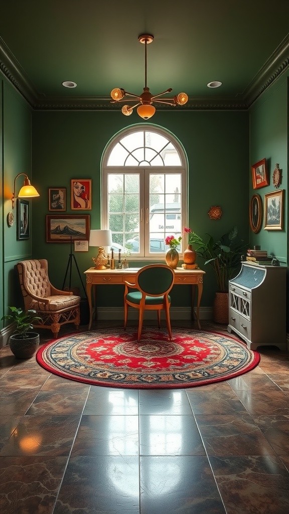 A cozy home office featuring whimsical lighting fixtures, including a ceiling light and a table lamp, set against an olive green backdrop.