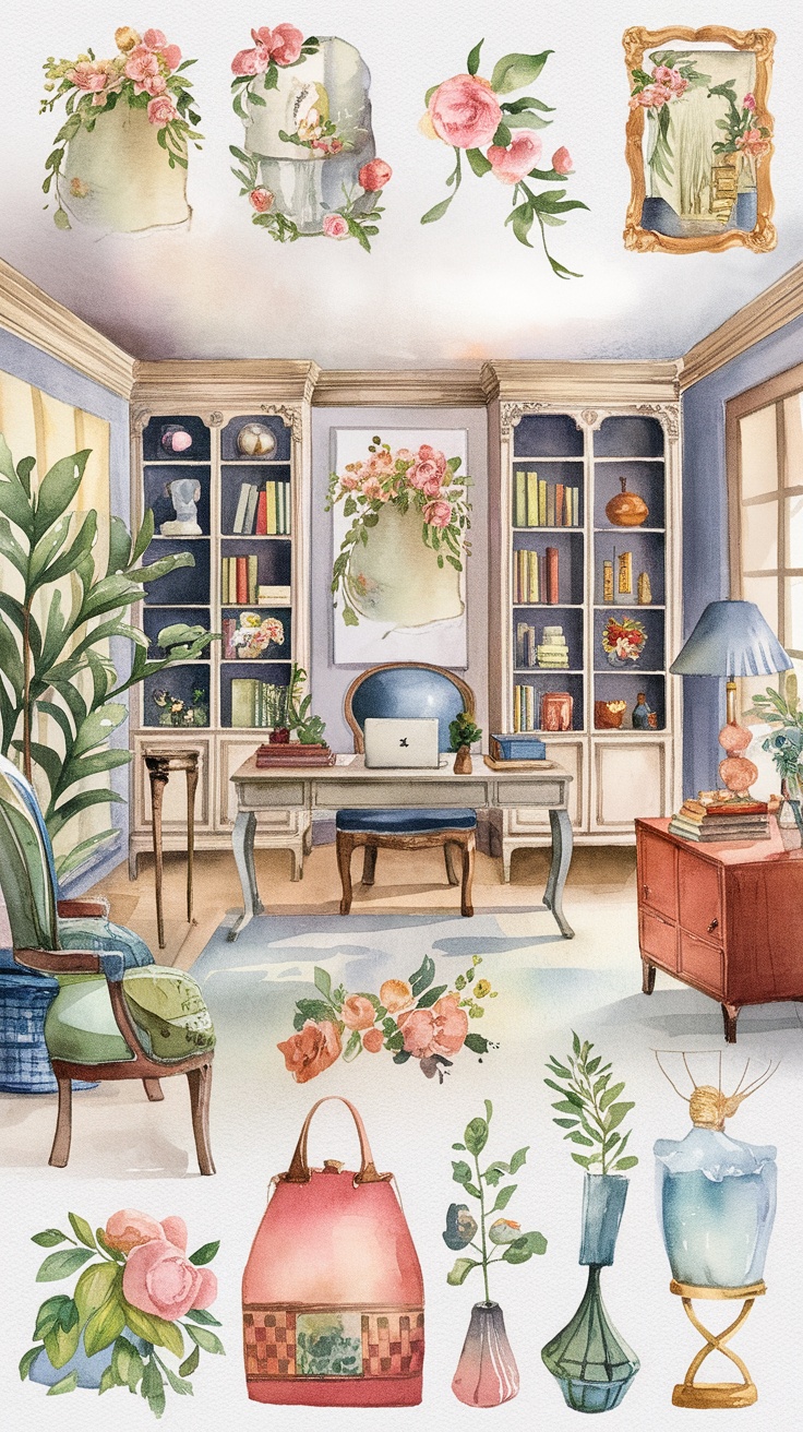 A corkboard displaying whimsical watercolor illustrations of cute animals and flowers, adding a soft and playful touch to the home office decor.