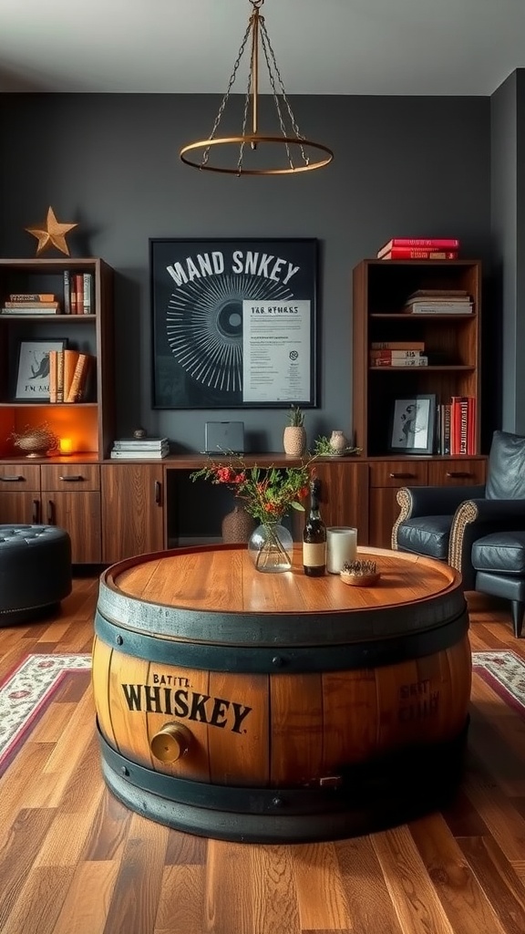 A whiskey barrel coffee table in a stylish man cave office setting.