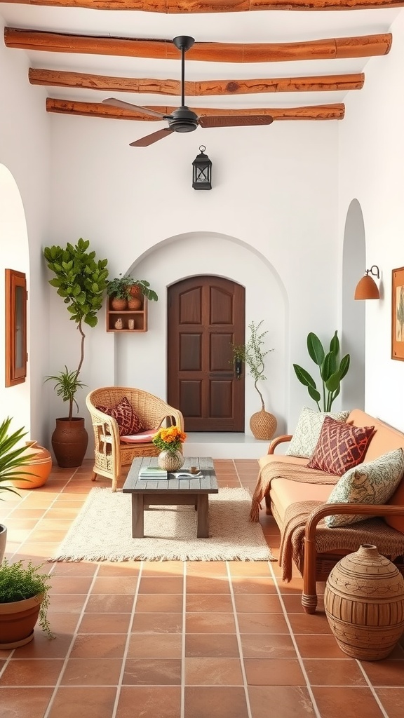 Cozy Mediterranean living space with whitewashed walls and terracotta accents
