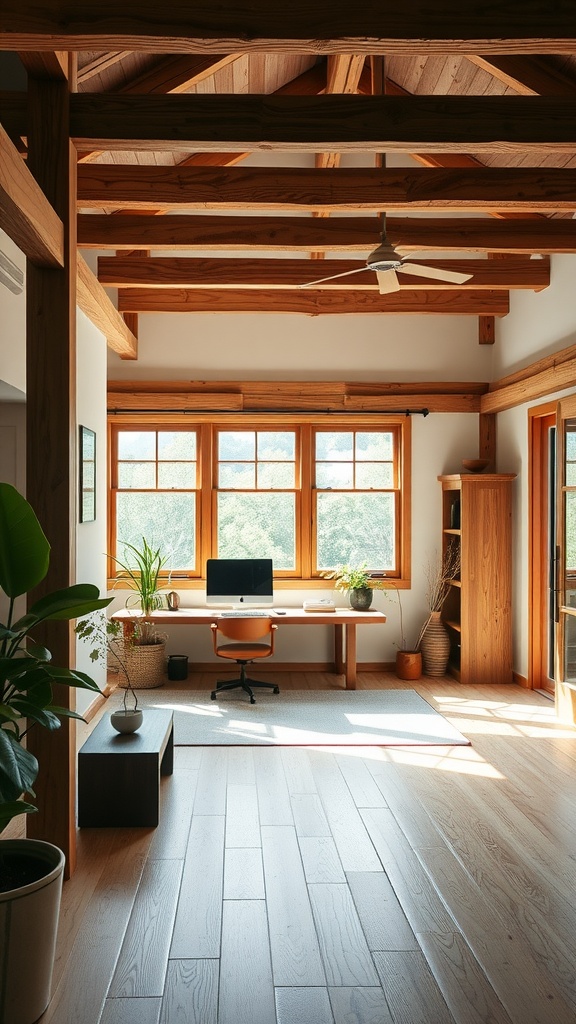 A bright home office featuring wooden beams, large windows, and minimalistic decor.