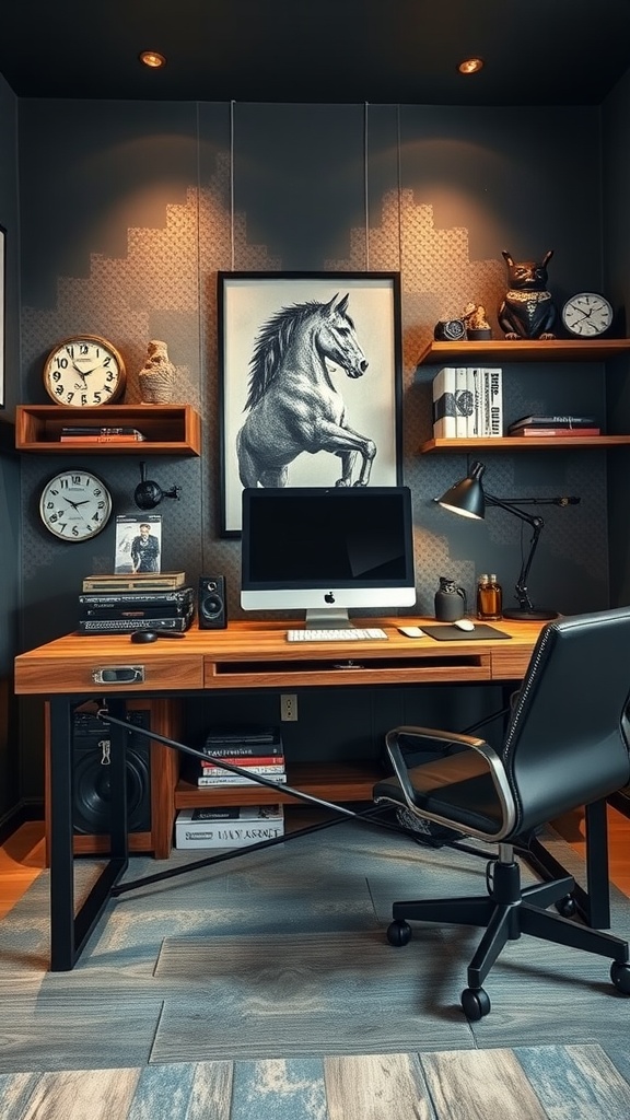 Modern office setup featuring a wooden desk with metal elements, surrounded by bookshelves and decor.