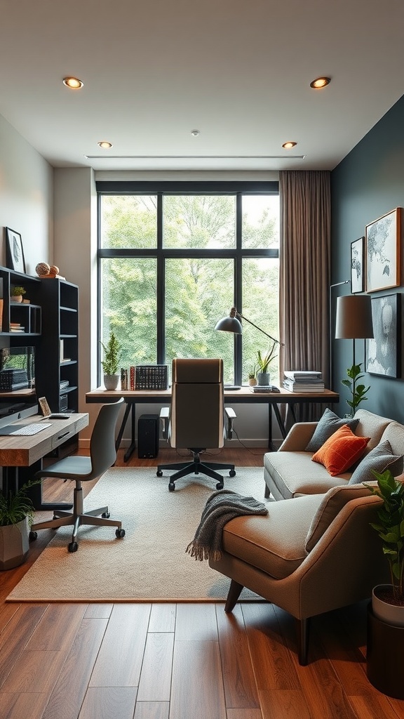 A stylish home office featuring a modern desk, comfortable seating, and decorative elements.