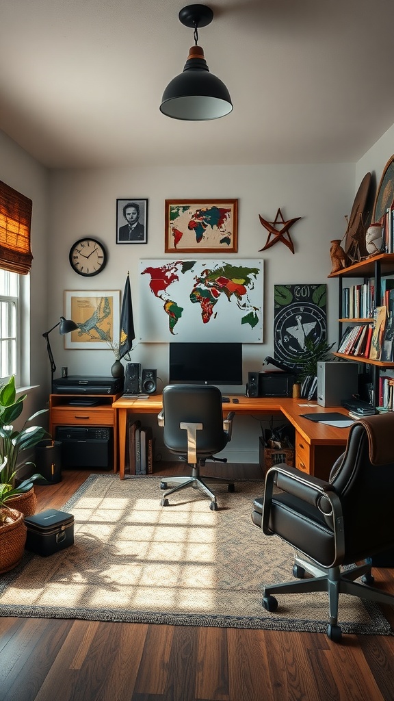 A masculine home office featuring a wooden desk, black office chairs, world maps on the walls, and indoor plants.
