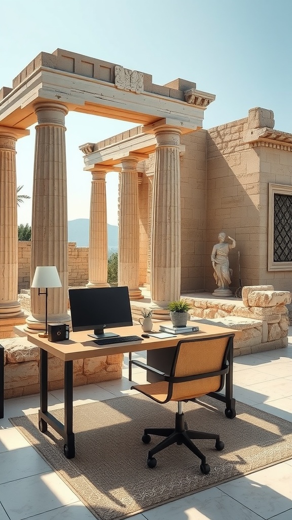 A modern home office with a view of ancient Greek ruins, featuring a desk, chair, and decorative elements inspired by ancient Greek architecture.