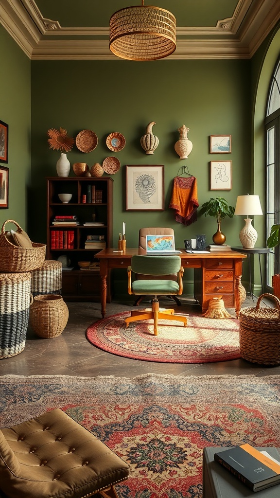 A cozy olive green home office featuring woven baskets for storage and boho decor.