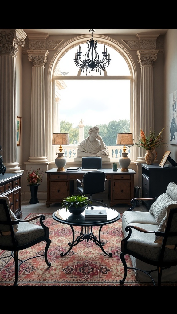 A beautifully designed home office featuring wrought iron accents, classical columns, and a large window with a scenic view.