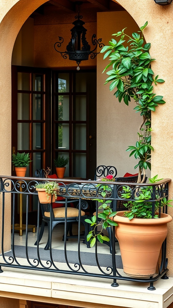 Wrought iron balcony railing with potted plants