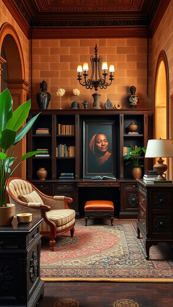 A cozy home office featuring Yoruba architectural elements, including warm color tones, detailed ceiling designs, traditional furniture, and cultural artwork.