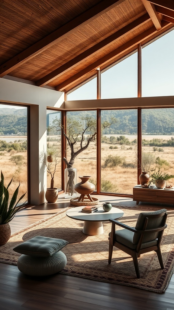 Interior of a Zambezi River Valley home with large windows, natural materials, and a cozy atmosphere