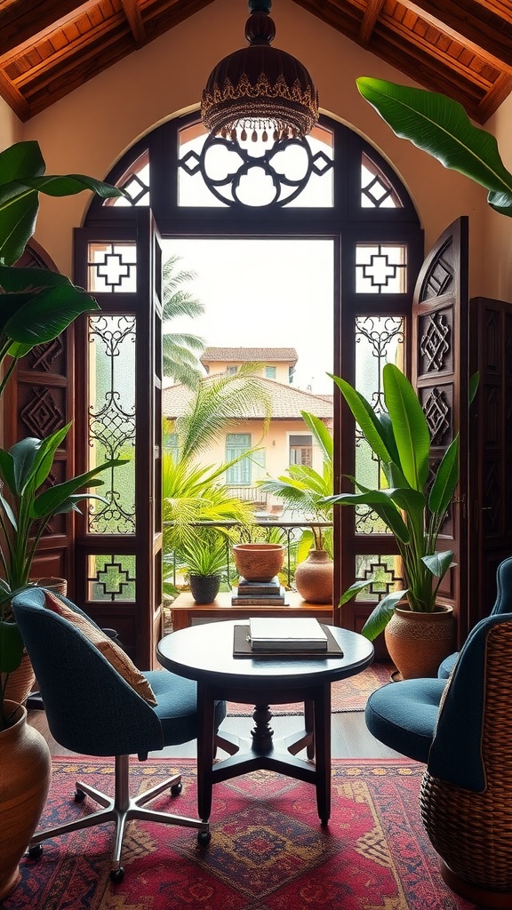 A cozy home office corner inspired by Zanzibar's Stone Town, featuring large windows, plants, and traditional decor.