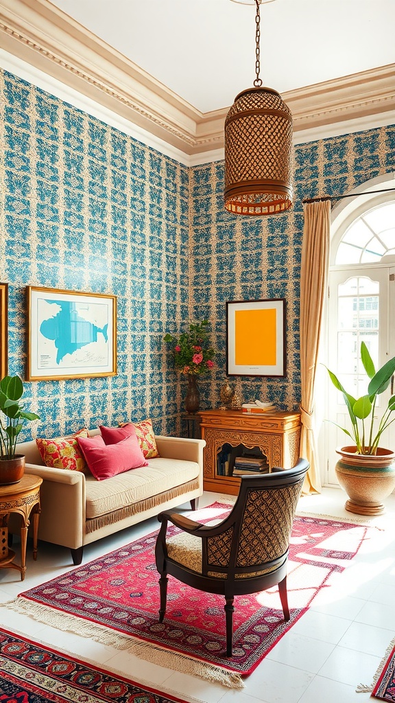 A cozy corner of a home office featuring zellige tiles on the wall, a soft sofa, and a stylish chair.
