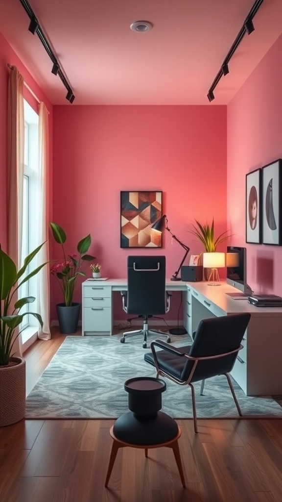 A zen-inspired home office featuring pink walls, modern desk, and plants