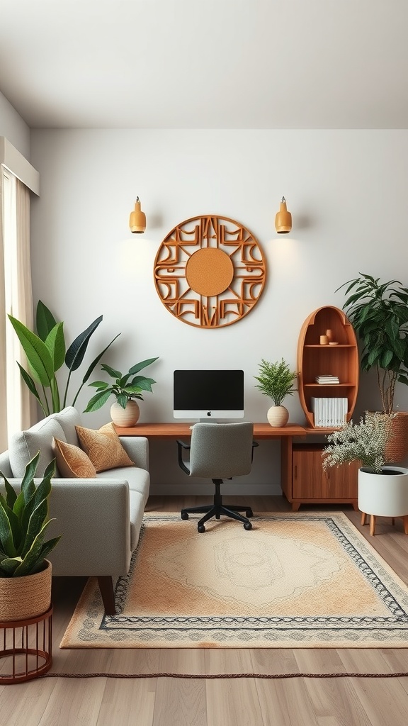A zen-inspired living room with a home office setup featuring plants, neutral colors, and a cozy rug.