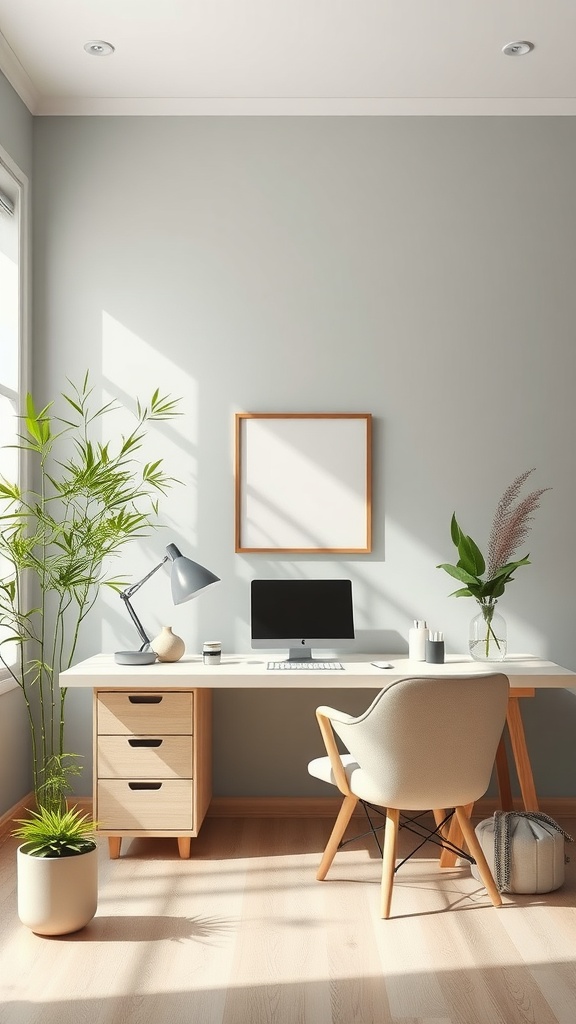 A serene, zen-inspired home office with a minimalistic desk, computer, and plants.
