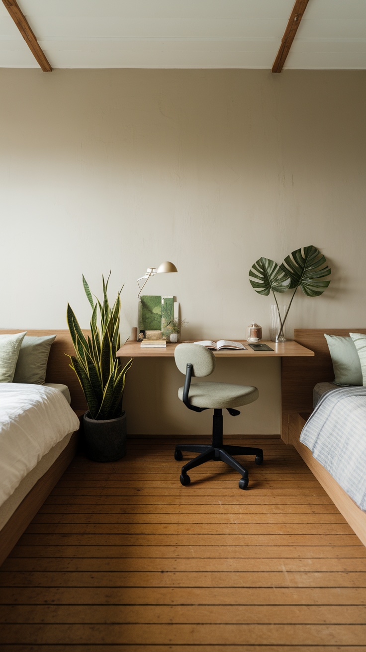 A zen-inspired workspace featuring a minimalistic design with a desk, computer, cozy bed, and plants.