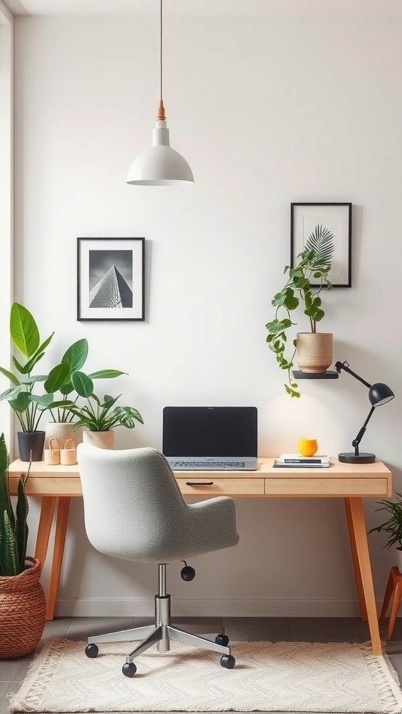 A Zen-inspired workspace featuring a wooden desk, indoor plants, and a cozy chair.