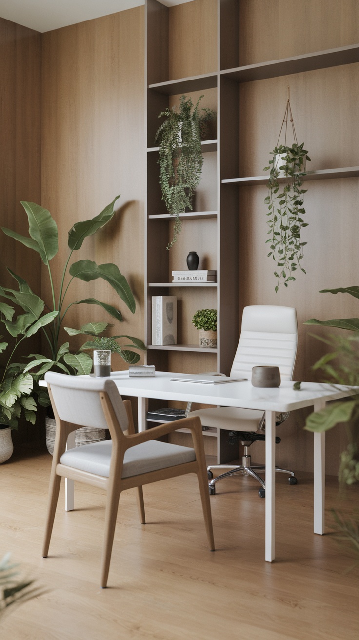 A minimalist home office with plants, a white desk, and a cozy vibe.