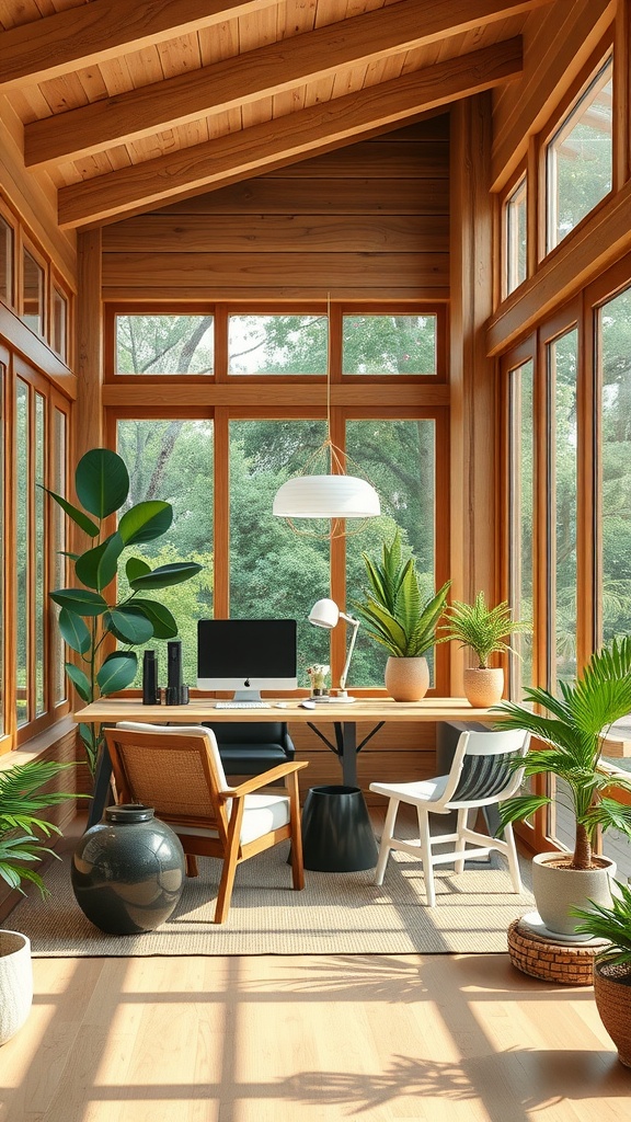 A Zen Garden Sunroom featuring a desk with a computer, surrounded by various plants and large windows.
