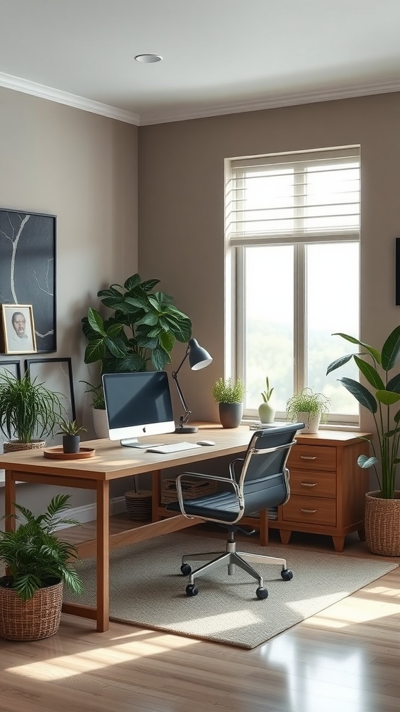 A serene home office space featuring a modern desk, chair, and plenty of plants, creating a calming atmosphere.