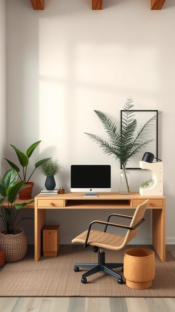 A serene home office in a Zen Italian style featuring a wooden desk, plants, and a cozy chair.