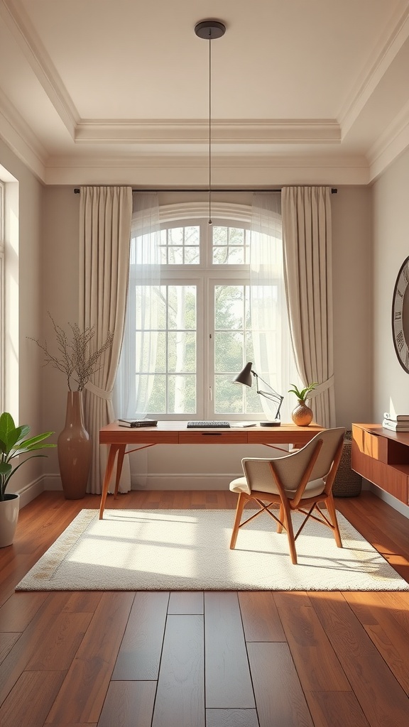 A minimalist home office with a wooden desk, chair, plants, and natural light.