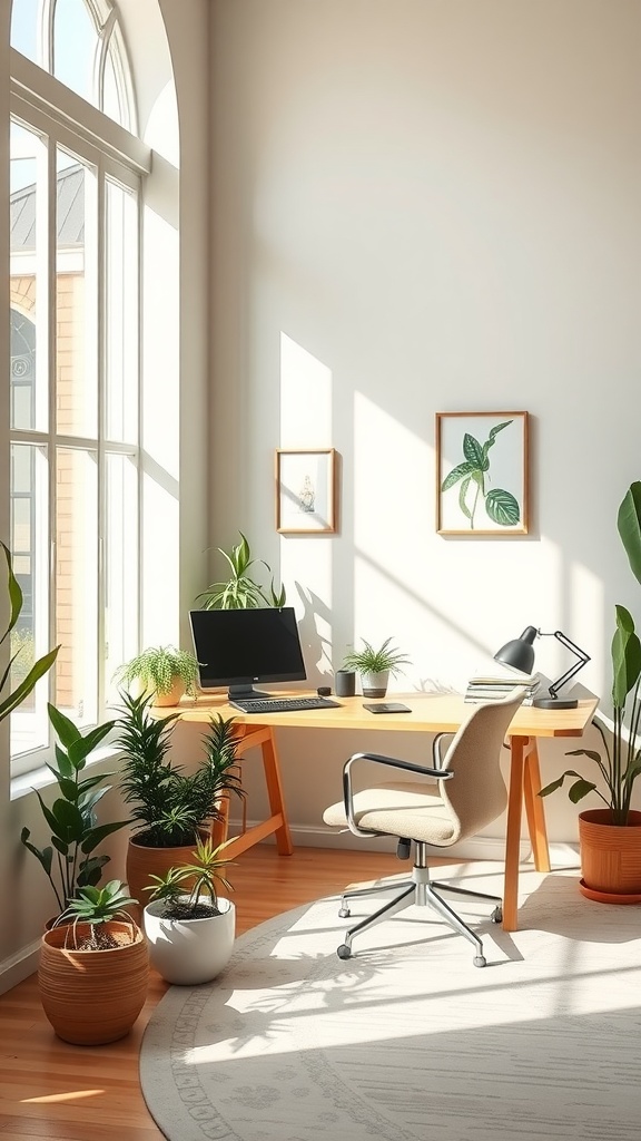 A minimalist office with two chairs, a desk, and large plants near the windows
