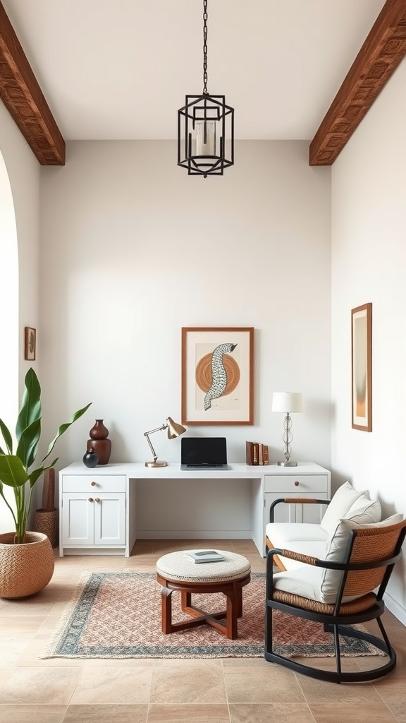 A modern home office featuring a white desk, a plant, and warm wood accents, designed in a Zen Spanish style.