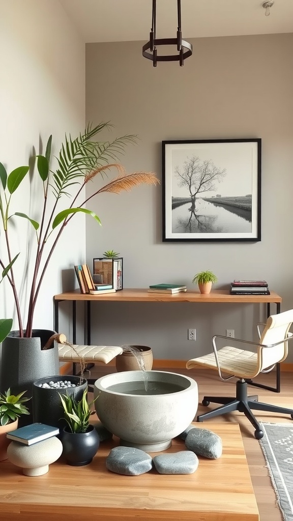 A minimalist male home office with plants and a wooden desk