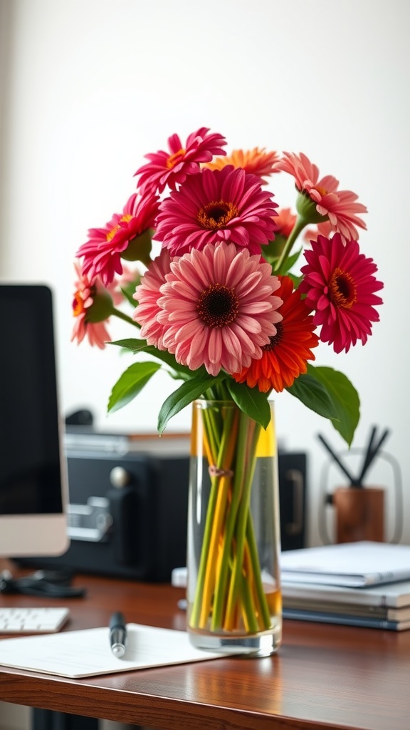 A vibrant bouquet of zinnias in a clear vase on a wooden desk, brightening up a home office.