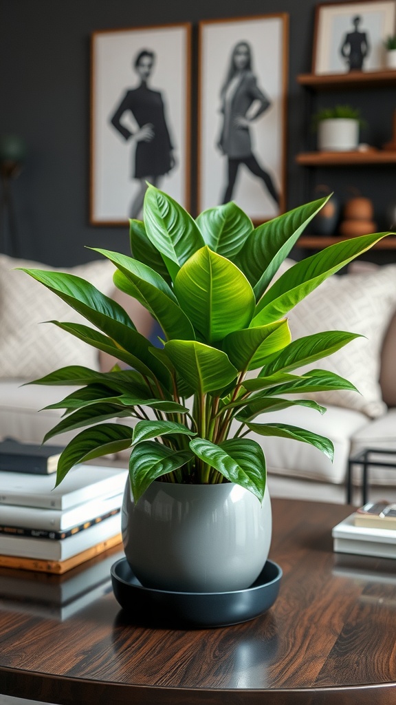 A ZZ plant in a white pot on an office desk, surrounded by stationery and a coffee cup.