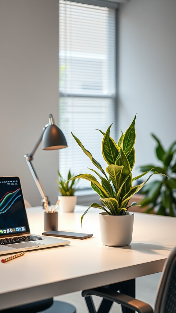 ZZ plant on a desk in an office space with a laptop and stationary
