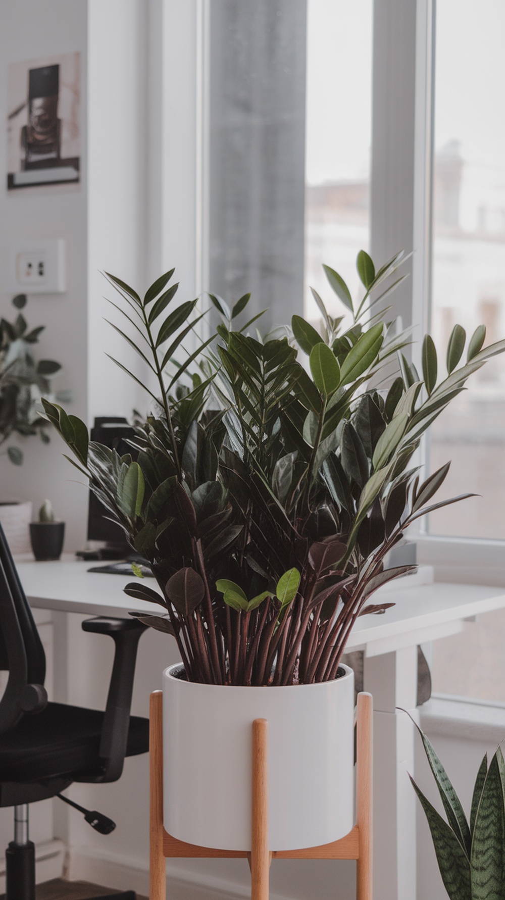 Zz Plant (Zamioculcas Zamiifolia) in a modern home office setting.