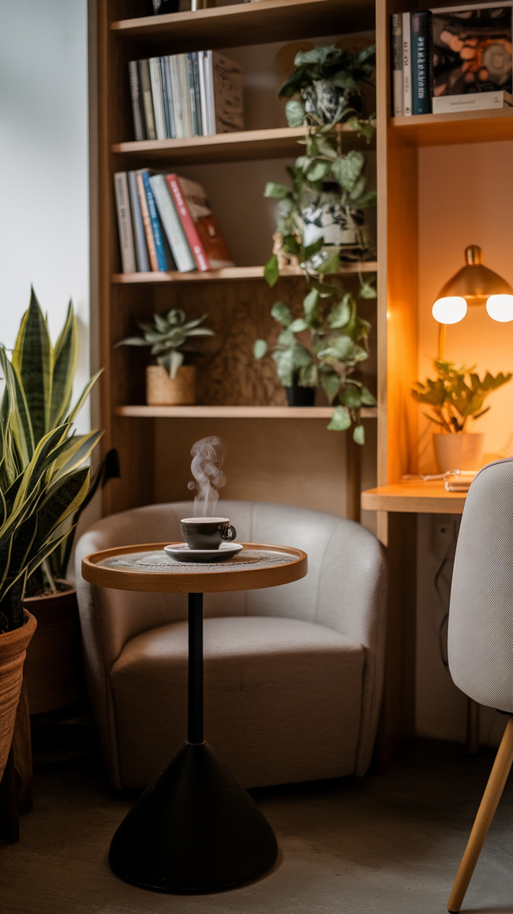 A cozy coffee nook with a steaming cup of coffee, a comfortable chair, and plants in a home office setting.