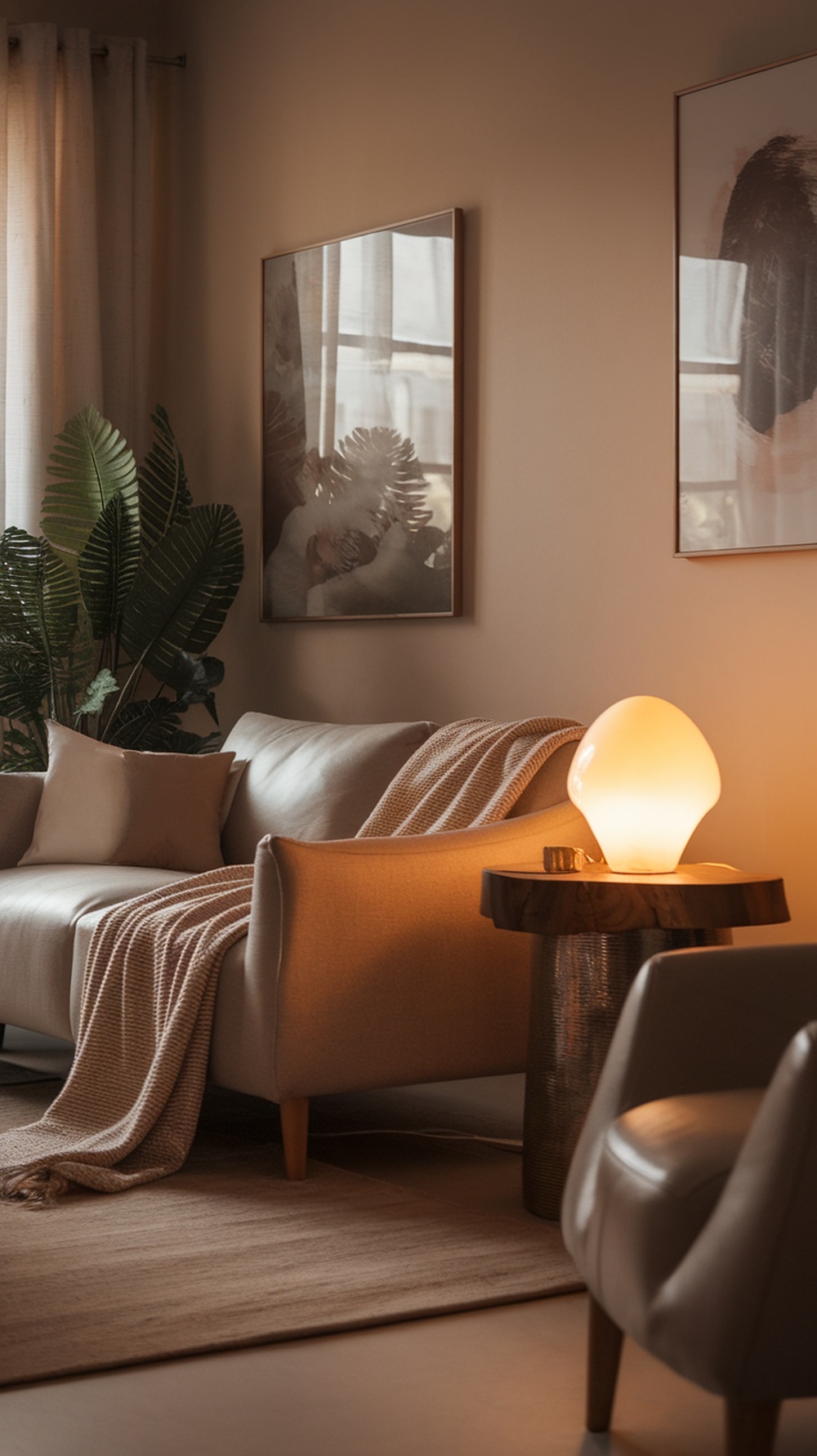 A cozy living room with soft lighting, warm tones, and plants, creating a relaxing atmosphere.