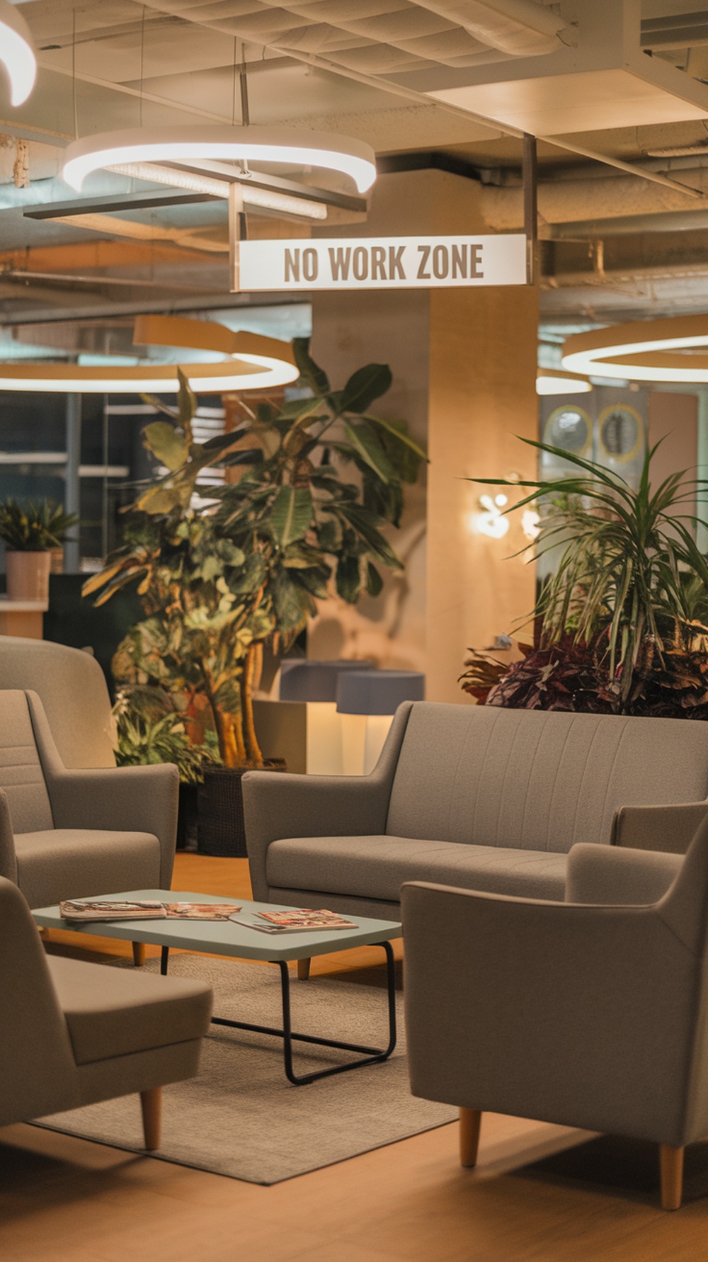 A cozy lounge area with a 'No Work Zone' sign, featuring gray sofas and plants.