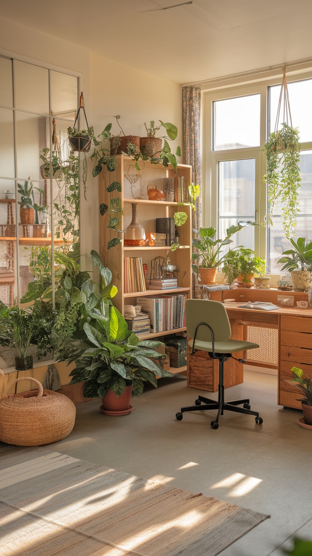 A cozy home office filled with plants and natural materials, featuring a wooden desk and shelves.