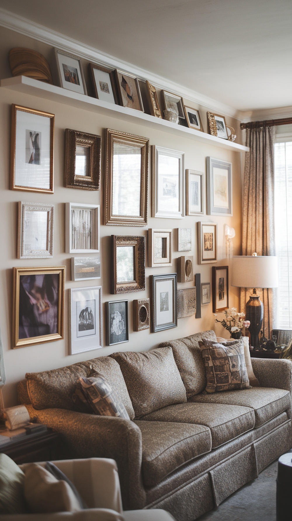 A cozy living room with a gallery wall of framed photos and art, showcasing meaningful memories.