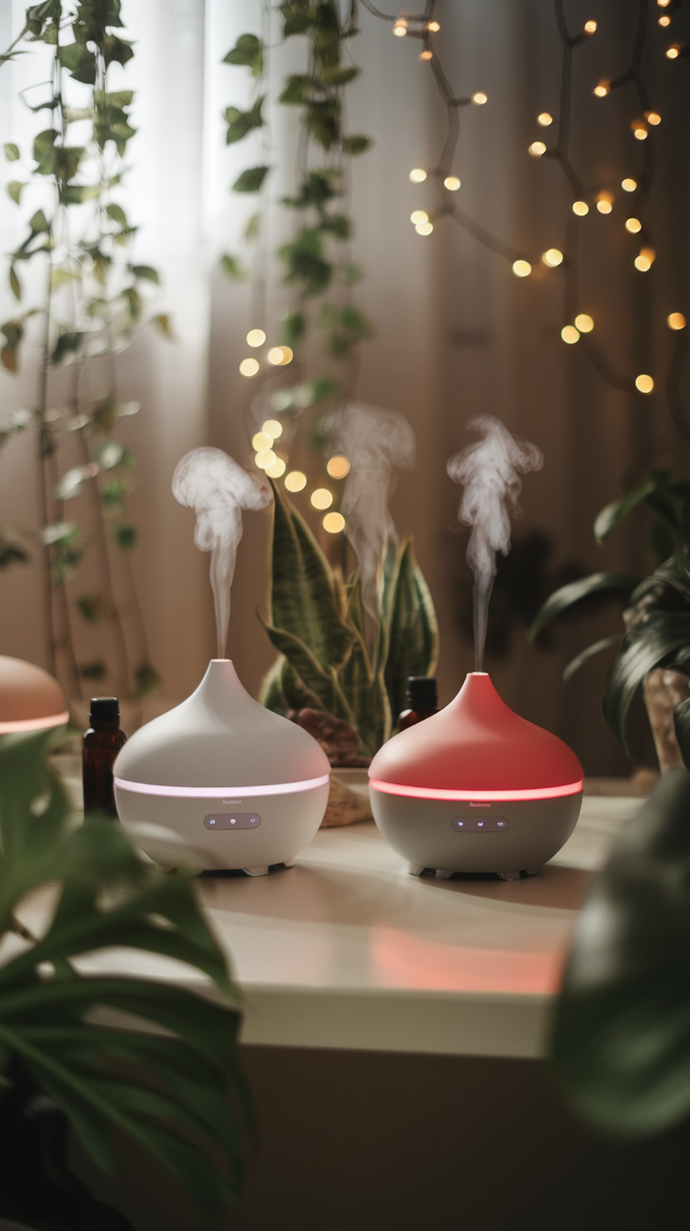 Two aromatherapy diffusers releasing steam in a cozy home office setting with plants and soft lighting.