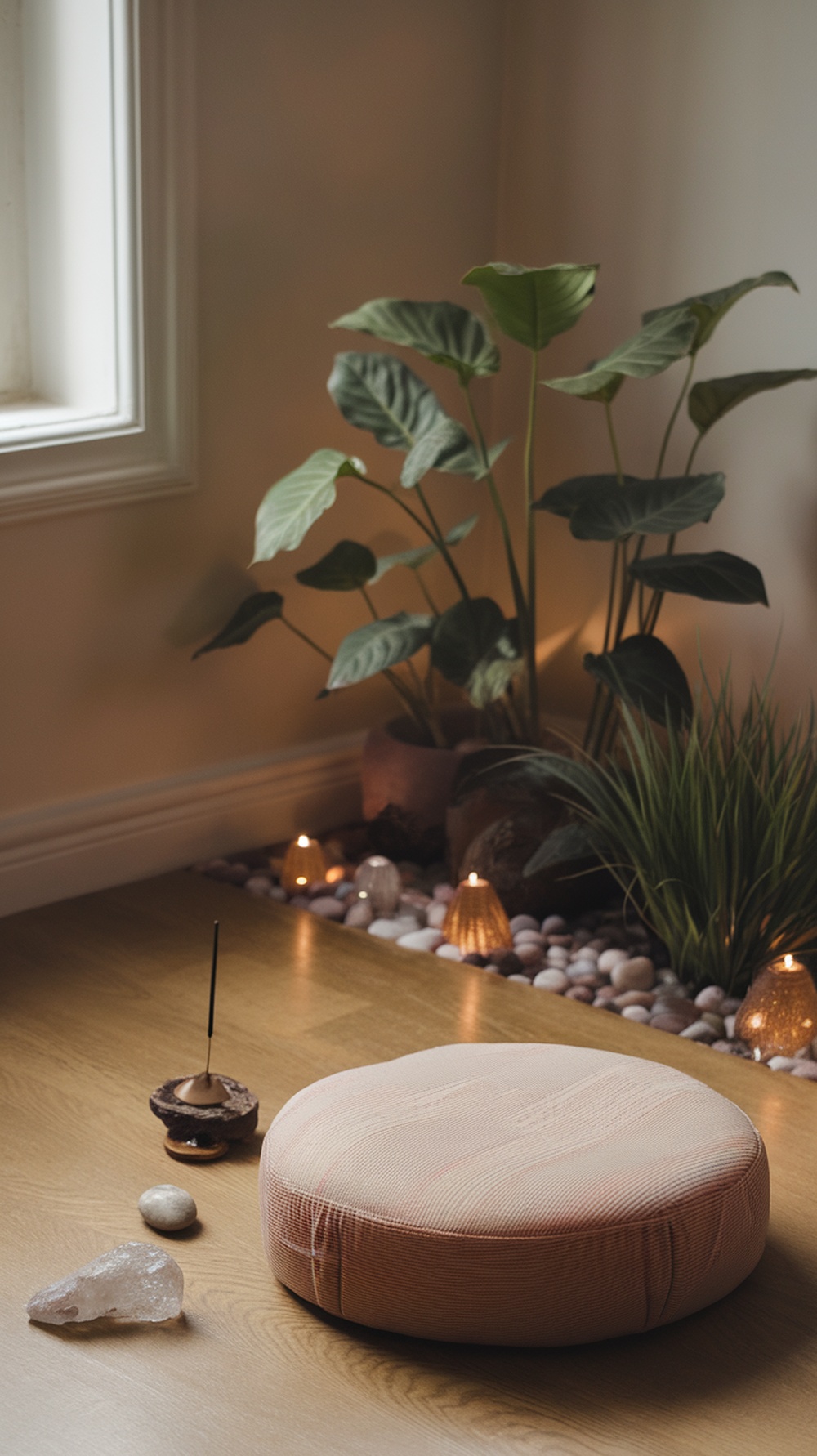 A peaceful meditation corner featuring a cushion, plants, and calming decor.