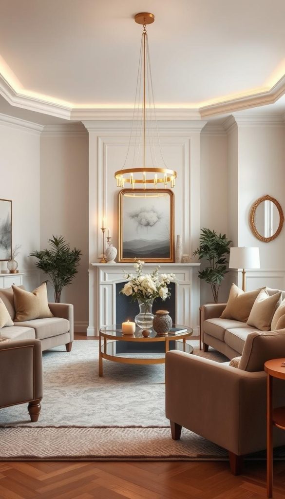 Soft neutrals with gold accents in living room