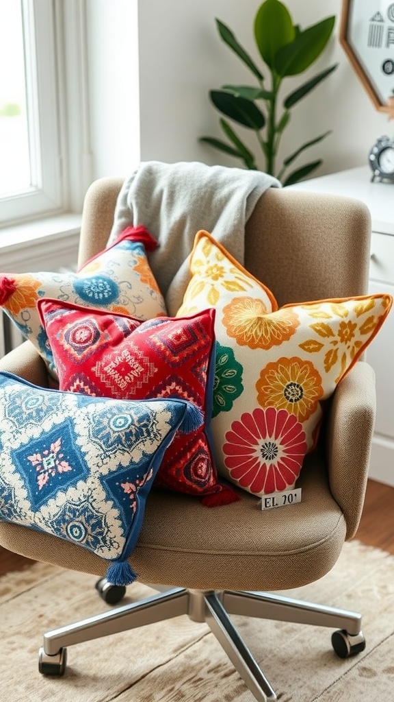 Colorful accent pillows with floral patterns on a chair in a boho office setting