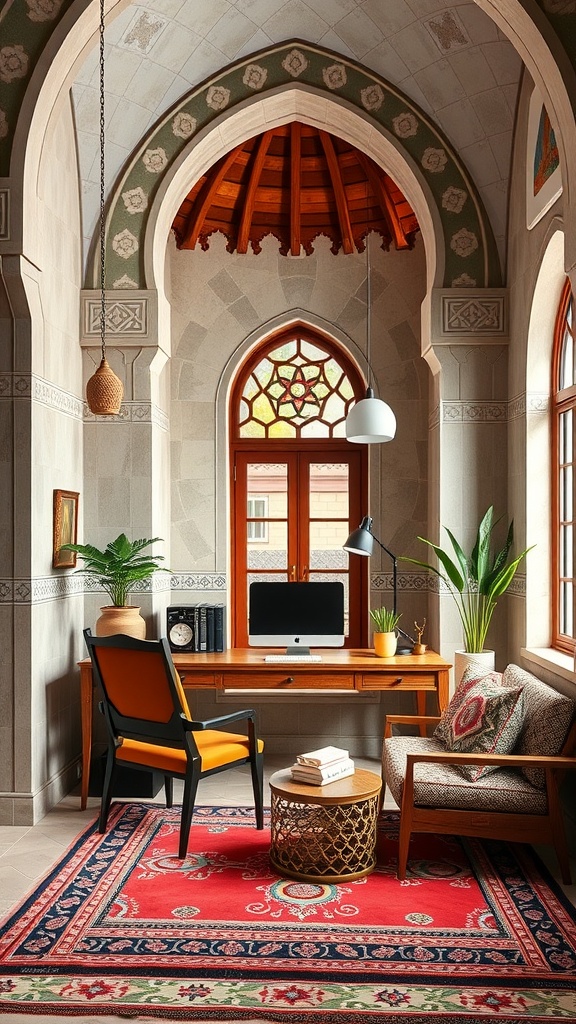 A beautifully designed home office inspired by traditional mosque architecture, featuring arched ceilings, wooden accents, and a cozy workspace.