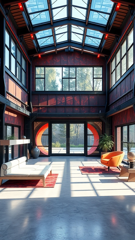 A modern home office with large windows, unique furniture, and a bright, open design.