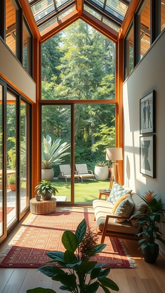 A bright home office with large windows, showcasing a connection to nature.