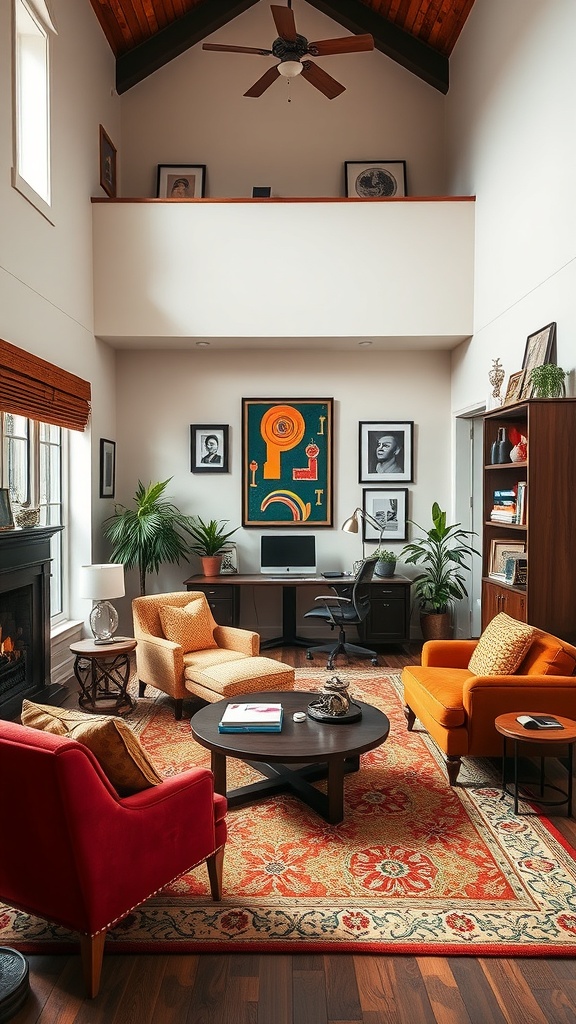 Cozy double height living room with colorful chairs, artwork, and plants